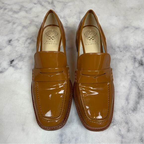 Vince Camuto Eckinti Pecan Patent Leather Block Heel Loafers - Picture 3 of 11